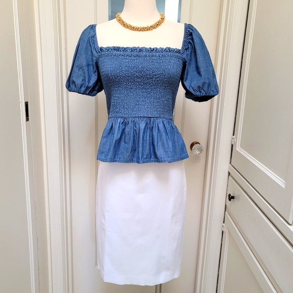 New! J Crew Squareneck Smocked Blue Chambray Top small medium - Picture 2 of 7